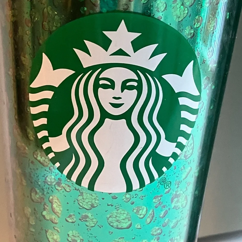2 Starbucks tall 24 oz. plastic cups Holiday green sparkling flecks and tweed